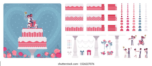 Two layer wedding cake with cute topper figures construction set, cream, frosting for special day party creation, decoration elements to build own design. Cartoon flat style infographic illustration
