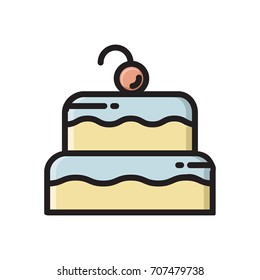 Two layered birthday cake icon with cherry on top, thin line flat style icon, vector illustration isolated on white background. Flat style thin line, outline icon of birthday cake with cherry on top