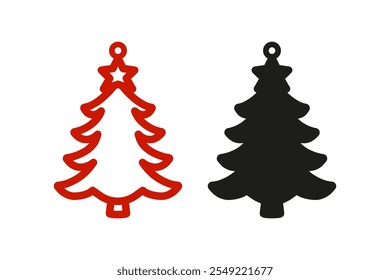 Dois desenhos em camadas da árvore de Natal com estrela para brincos, pingente ou chaveiro. Modelo de corte de silhueta de joias. Corte a laser com couro, madeira ou metal. Arquivo de ilustração vetorial