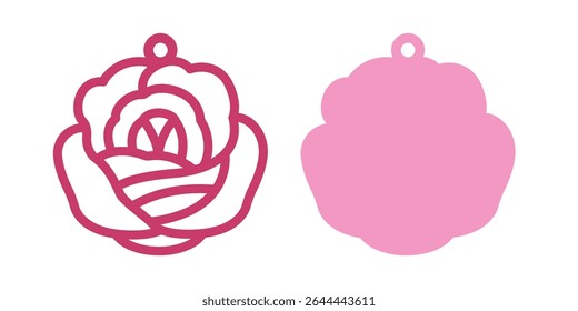 Design de duas camadas com flor de rosa para brincos, pingente ou chaveiro. Modelo de corte de silhueta de joias florais. Corte a laser com metal, madeira ou couro. Estêncil de vetor botânico
