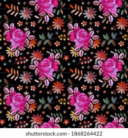 Two layered embroidery with roses on the background of wild flowers. Floral seamless pattern. Fashionable design. Print for fabric and textile.