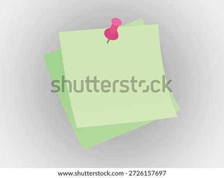 Two layered light green notes attached with pink pushpin, office stationery, blank.
