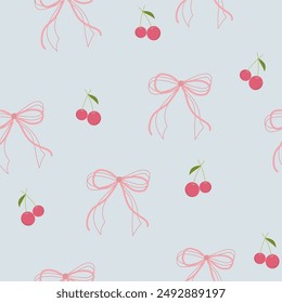 two layers  of bows  and cherries with leaves seamless pattern , vector illustration