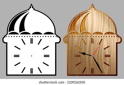Two layers decorative mosque wall clock. Decoration for home or office. Template for wood, metal plate or acrylic laser cutting 