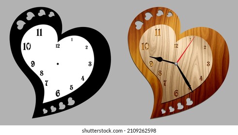 Two Layers Hearts Wall Clock. Decoration For Home Or Office. Template For Wood, Metal Plate Or Acrylic Laser Cutting 