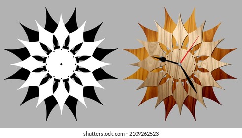 Two layers ornament floral wall clock. Decoration for home or office. Template for wood, metal plate or acrylic laser cutting 