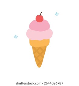 Two layers pink ice cream with a cherry bouncing and ice cold surrounding animated design illustration