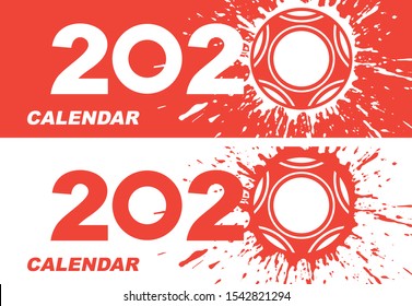 Two layouts Cover of business diary for 2020 red color with soccer ball and blot. Text calendar. Brochure design template, card, banner. Vector illustration. Isolated on white background.