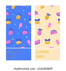 Two layouts for invitations and tickets for a summer party. Layout with summer pattern with fruits. Vector illustration