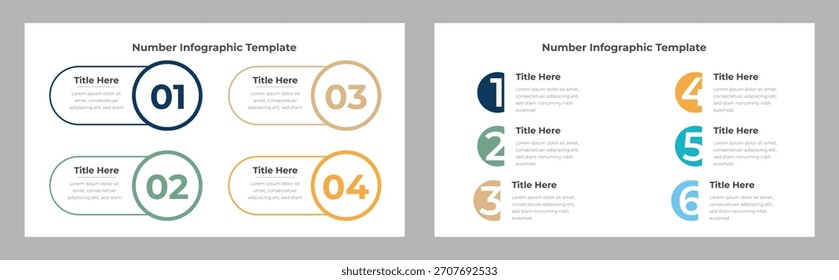 Dois layouts de um modelo infográfico de número, apresentando etapas 1-6 em formatos de retângulo circular e arredondado, texto editável e um design moderno e colorido.