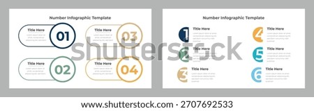 Two layouts of a number infographic template, featuring steps 1-6 in circular and rounded rectangle formats, editable text, and a modern, colorful design.