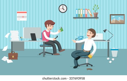 Two Lazy Office Workers Have A Lot Of Job But  They Are  Having Fun And Drinking Coffee. Office Days. Coffee Break Flat Vector Illustration 