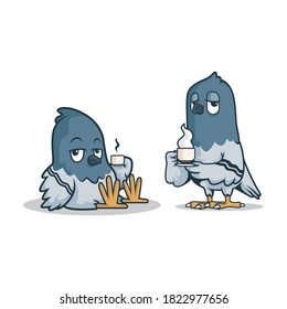 two lazy pigeon with coffee in the wings. vector illustration