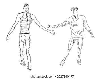 Two lazy young men in casual clothes approaching each other and preparing to shake hands. Greeting. Close but far. Conceptual drawing on wide range of social matters like unemployment or depression.