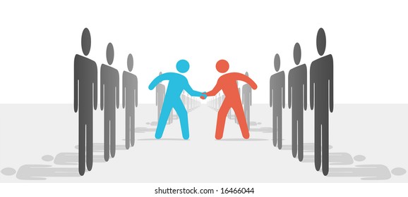 Dois líderes saem das linhas laterais de pessoas ou empresas para se unir em um aperto de mão e concordam em cooperar.