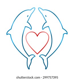 Two leaping dolphins with a heart between themselves