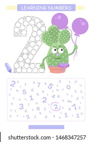 Two. Learning number 2. Coloring printable worksheet for kindergarten and preschool. Coloring book for kids. Black and white cute cartoon cactus with ballon. Vector illustration.