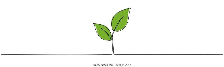 Two leaves continuous line drawing. Plant branch one line art with green shapes. Vector illustration isolated on white.