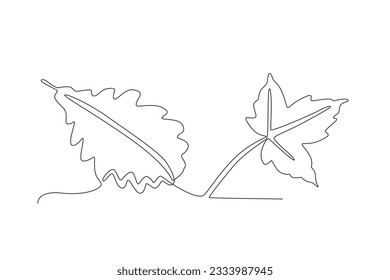 Two leaves fall on the ground. Autumn one-line drawing