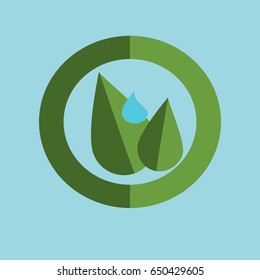 Two leaves with a water drop in a circle emblem vector illustration