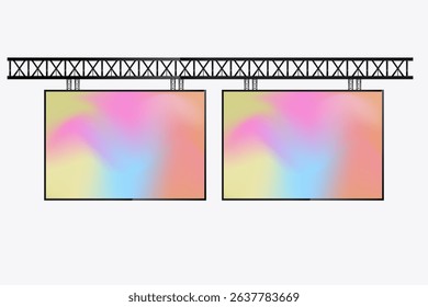 Two LED Screens Mockup in the column for advertising light box cross the street, A realistic 2 hanging LED screens. and Illuminated technology lightbox