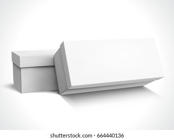 two left tilt blank long boxes with lids, one slanting, isolated white background, 3d illustration side view