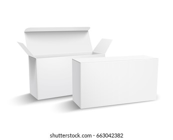 two left tilt blank paper boxes 3d illustration, one open, can be used as design element, isolated white background, elevated view