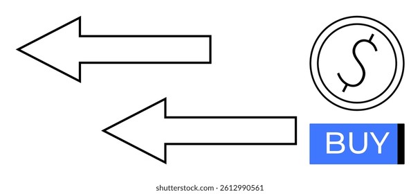 Two leftward arrows point to a circular coin symbol and a blue BUY button. Ideal for e-commerce, online shopping, financial transactions, digital marketplace, sale promotions, business exchanges