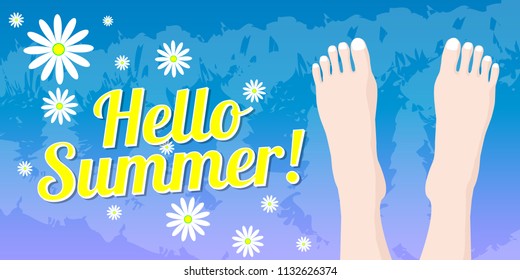 Two legs bare feet up on a blue background with white flowers and text Hello summer