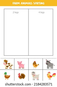 Zwei oder vier Beine. Match Karten mit süßen Landtieren. Logisches Spiel für Kinder.