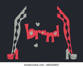 Two legs in high-heeled shoes light red and light gray symmetrically in the center isolates on a dark gray background and the inscription brand