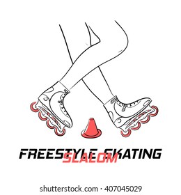 Two legs of roller with put-on inline skates showing figure of freestyle slalom skating around special cone and title Freestyle Slalom Skating, hand drawn line art vector illustration