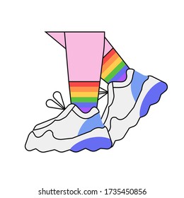 Two legs in snikers in high socks in lgbt flag colors. Concept of pride, lgbtq, freedom of choice equality, rights, lesbian, gay, bisexual, transgender love and homosexuality t-shirt print, emblem.