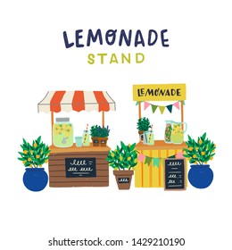 Two lemonade stands with caption text and flat style citrus bushes in flowerpots, mason jars with refreshing drinks and menu chalkboards. Cartoon hand drawn booths of cooling beverage street vendors