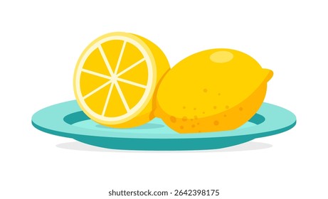 Two lemons on a blue plate, one sliced and one whole in simple illustration style