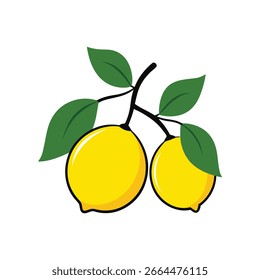 Two Lemons on a Branch with Green Leaves—Fresh Citrus Illustration on white background