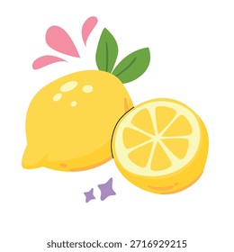 Two lemons, one whole and one sliced. Fresh yellow citrus fruits isolated on white background. Classic lemonade.