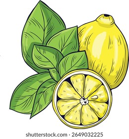 Dois limões — inteiros e cortados — com folhas verdes frescas. Ilustração de comida vetorial em estilo de desenho à mão. Brilhante, suculento e vibrante. Para embalagens de alimentos, marca orgânica, bebida de verão