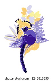 Two lemurs sitting among the exotic plants. Abstract vector design drawn in the technique of rough brush in vibrant colors