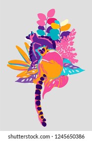 Two lemurs sitting among the exotic plants. Abstract vector design drawn in the technique of rough brush in vibrant colors