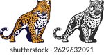Two leopard icons, one leopard in color, the other silhouette in black, realistic vector image of a leopard.