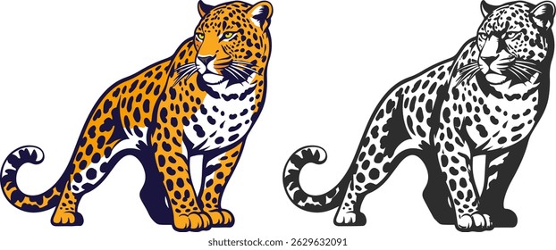 Dois ícones de leopardo, um leopardo em cores, e a outra silhueta em preto, com uma imagem vetorial realista de um leopardo.