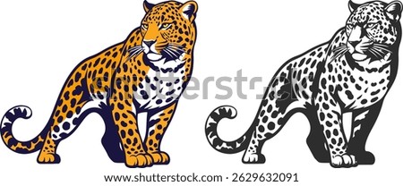 Two leopard icons, one leopard in color, the other silhouette in black, realistic vector image of a leopard.