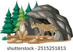 Two leopards near rocks and pine trees