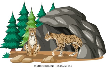 Two leopards near rocks and pine trees