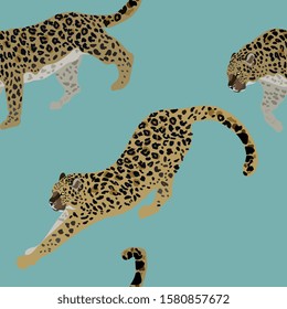 Two leopards on a delicate blue background seamless vector illustration. Picture with exotic animals on aquamarine ground. Endless pattern. EPS 10