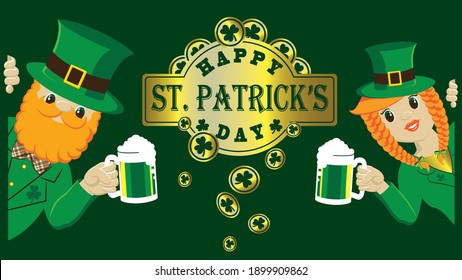 Two Leprechaun Gnomes man and woman with beer. St Patrick's Day banner. Vector illustration.