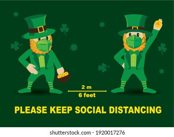 Two Leprechaun Gnomes in respirator N95 face masks. Social distancing info sign of St Patrick's Day in 2021. Vector illustration.