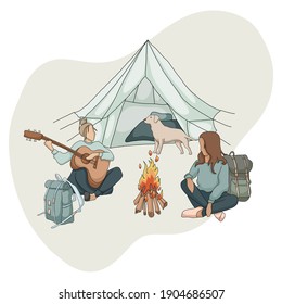 Two lesbian friends girls camping in nature