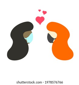 Two lesbian girls fell in love during a pandemic. LGBT. LGBTQ. Black girl in a medical mask. White girl in a protective mask. Interracial love. Minimalistic vector illustration isolated on white.